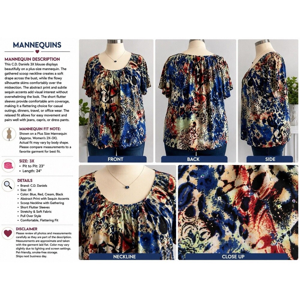 C.D. Daniels Shirt Blouse Women 3X Multicolor Floral  Sequin Plus Size Boho Top